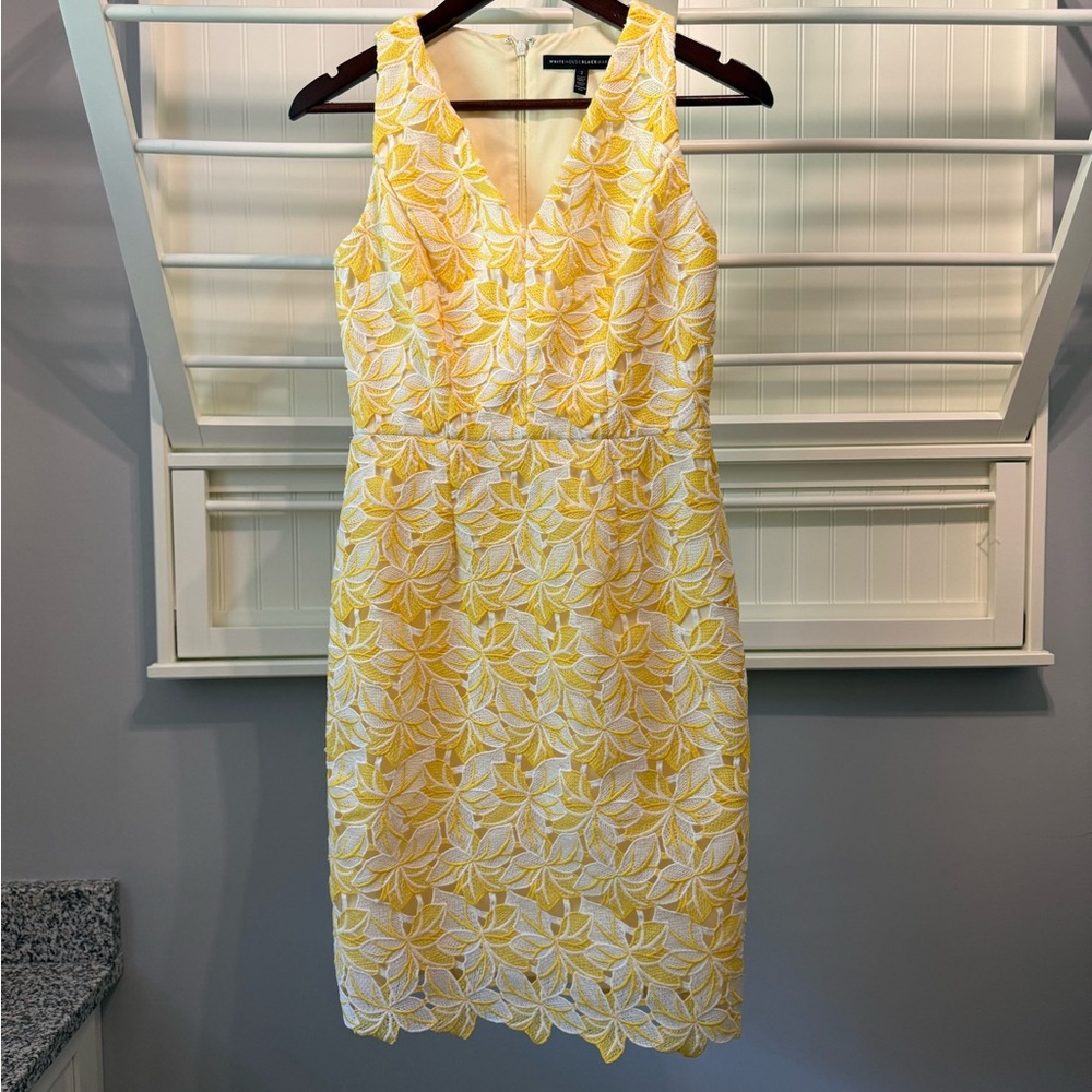White House Black Market Yellow and White Lace Overlay Sheath Dress